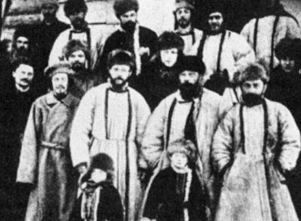Members of the St. Petersburg Soviet, including Leon Trotsky (front row, second from left) are photographed prior to be sent to Siberia in exile in 1905.